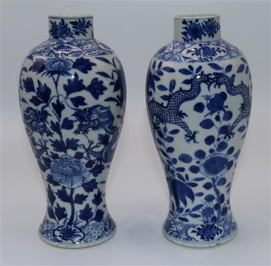 Pair 19C Chinese blue and white inverted baluster vases, decorated dragons and flowers, four-character mark